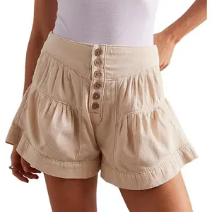 2026  Womenswear summer high waist denim shorts casual elastic waist wide leg button shorts pleated ruffle denim shorts Bottom jean shorts