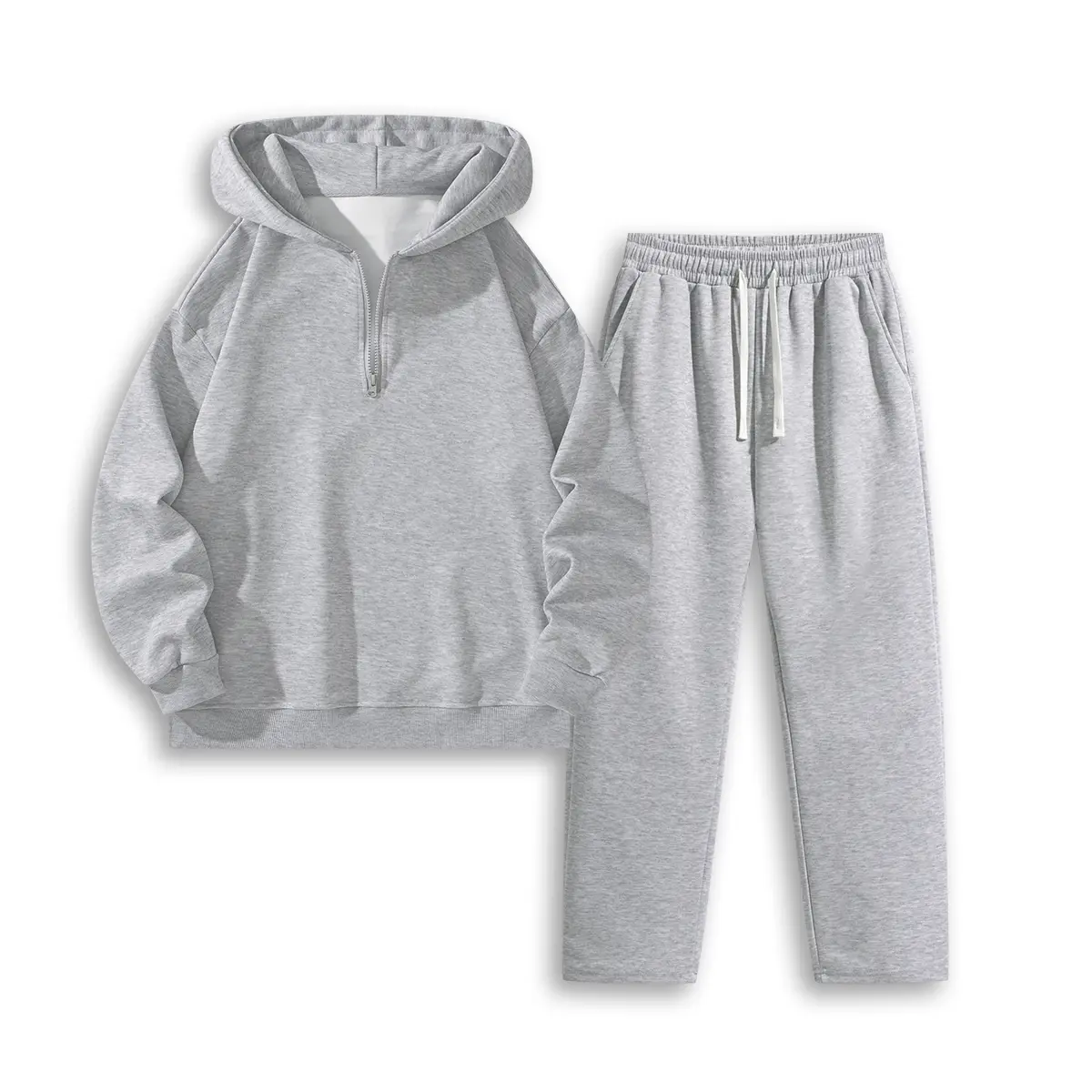 Men's casual solid color half-zip hoodie with straight-leg pants two-piece set, drawstring waist, suitable for all-season daily wear, gray, casual and stylish, comfortable and versatile, a must-have item for everyday life quarter zip tiktok shop SpringSta