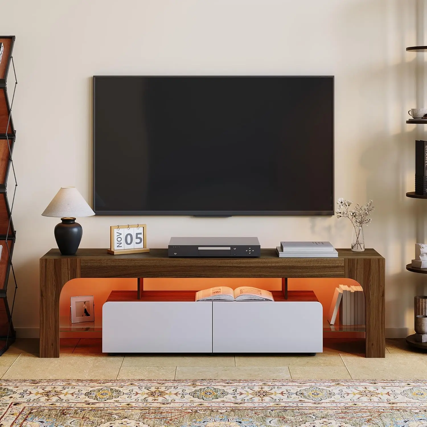 Contemporary LED Cabinet & Multimedia Centre TV Stand - 63 in, Compatible with Up to 70 in TVs, Built-In Storage with 2 Drawers & Tempered Glass Shelves, Tv Stand Compatible, Tv Shelf, Tv Media Stand
