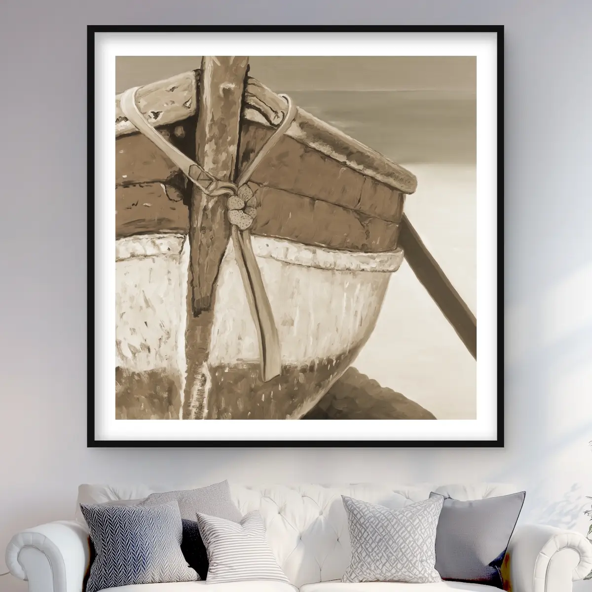 Begin Home Decor C1FM4848YNRK55 48 x 48 in. Tied Up Rowing Boat - Brown Coastal Framed Matted Print Wall Art