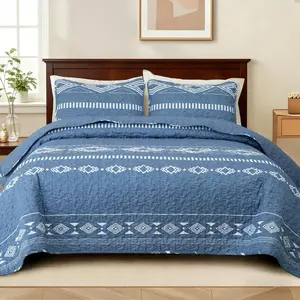 King Size Set - Reversible Blue King Size with 2 Pillow Shams, Lightweight Boho Striped Oversized Bedspreads Coverlet Bedding Set for All