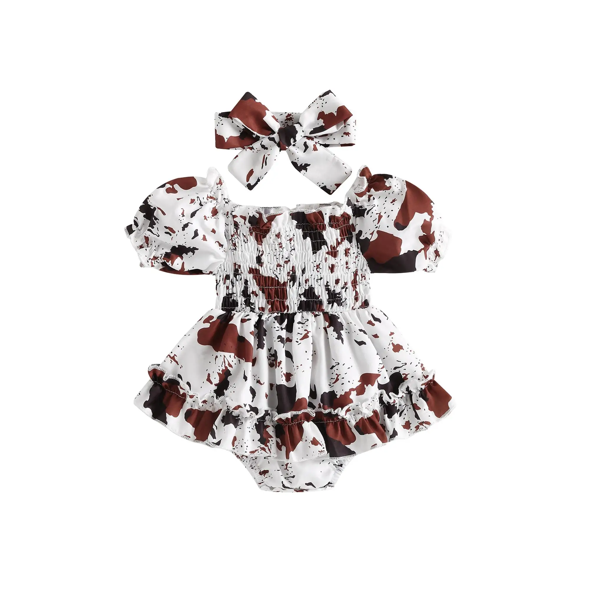 Baby Girls Romper Set, 0-24 MonthsShort Sleeve Off-shoulder Spots Printed Dress with Headband for Toddlers Outfit Gifts