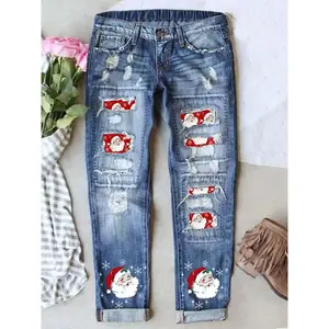 Women's Christmas Fashion Printed Denim Jeans Women's Men's Men's Boyfriend Casual Fit Style Washed Outdated Tear Design Button Elastic Belt Long Comfortable Breathable Fabric Perfect Fit PantsRAIMENTRY