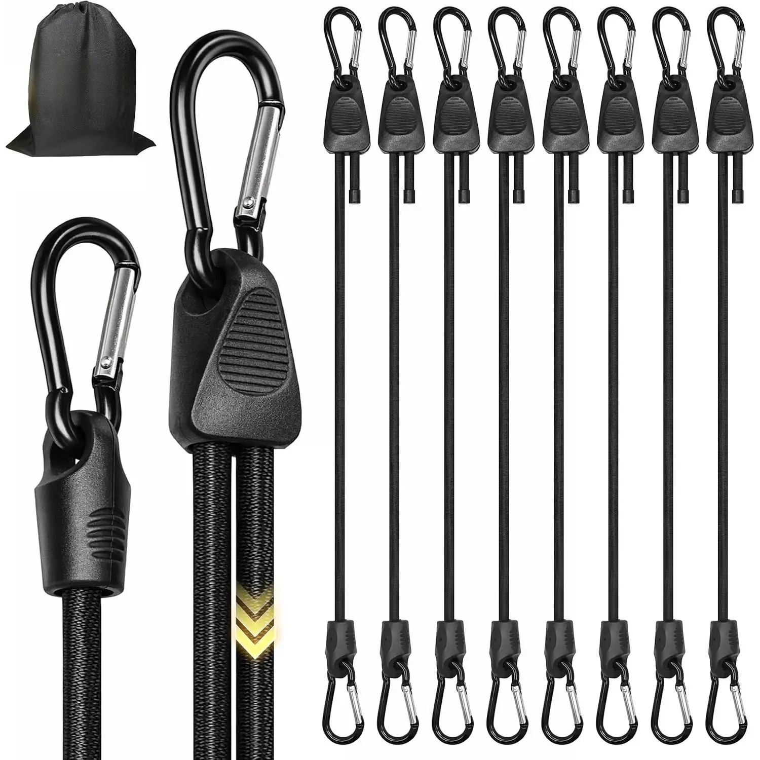 8Pcs Robust Durable Natural Latex Rubber Adjustable Bungee Cords with Hooks - Black Straps, 7-Inch to 36-Inch Range, Ideal for Outdoor Tie-Downs & Cargo Securing in Extreme Climates, 36 Inches Adjustable