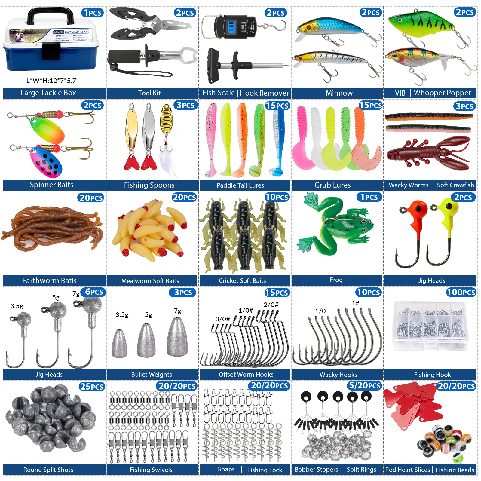 THKFISH 400PCS All-in-1 Fishing Tackle Bag Kit with Tackle Box, Accessories, Sinkers, Weights - Soft & Hard Bass Lures (Frogs, Worms, Crankbaits, Spinnerbaits, Leeches, Crickets) for Freshwater, Saltwater, All-In-One Kit