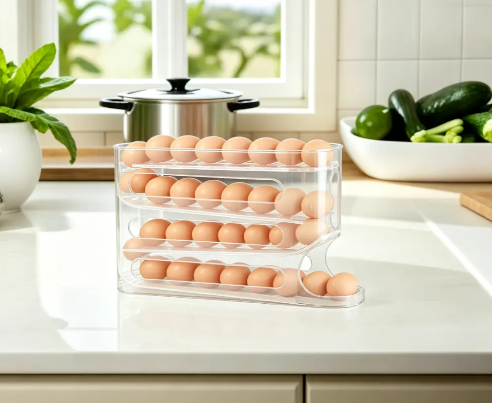 Transparent Plastic Auto-Slide Egg Organizer, 4-Layer Rolling Egg Dispenser Rack with Minimalist Design & Polished Slide Edges, Refrigerator & Countertop Dual-Use Home Organizer for Organized Storage Solutions