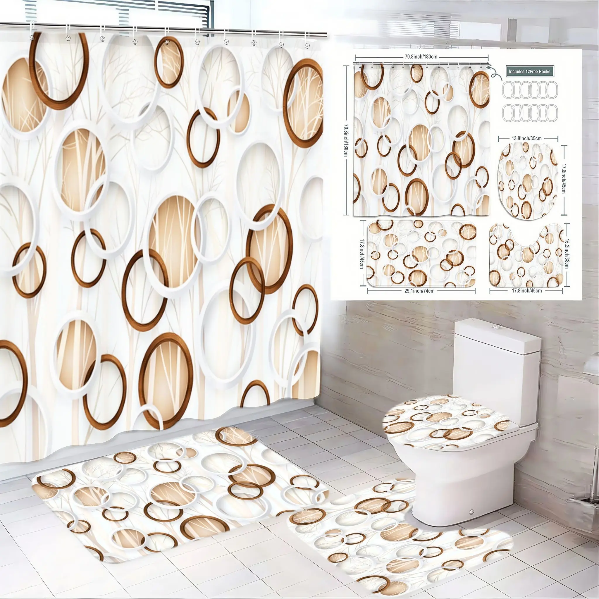 4pcs Elegant Modern Geometric Bathroom Accessory Set - Stylish Shower Curtain, Chic Toilet Seat Cover & Luxurious Bath Mats in Brown, Tan & White -The floor mat fabric is thicker and softer!  Perfect for Spring Refresh or Holiday Home Makeover