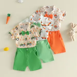 Babamoon Easter Kids Baby Boys 2pcs Outfits Set Summer Short Sleeve Turn Down Collar Rabbit Carrot Print Tops Shirt and Shorts Clothing Set 6M-4Y