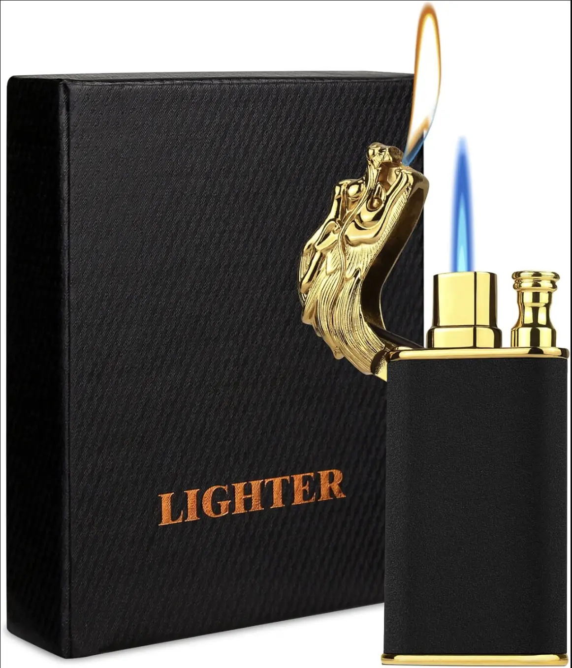 Cool Dragon Dual Flame Lighter - Outdoor Windproof Torch Switchable Soft/Jet Flame - Double Refillable Butane - Creative Gift for Men