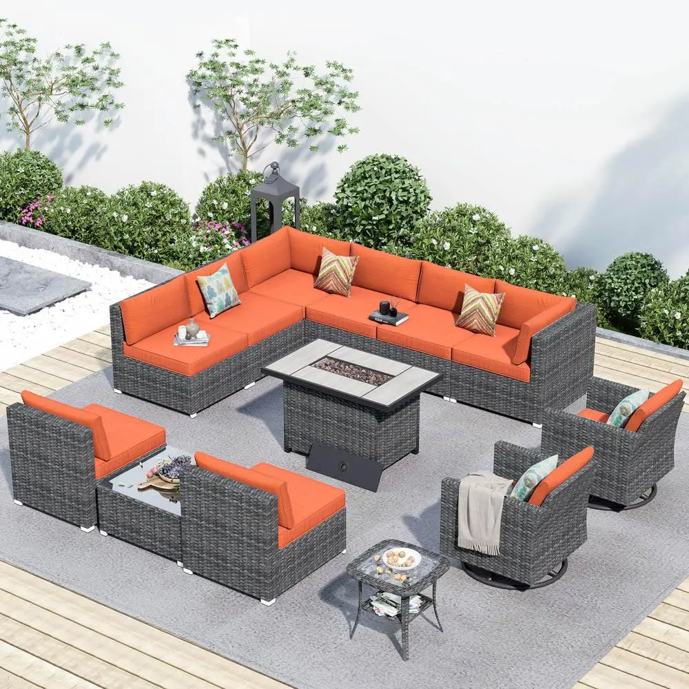 【Summerfinds】Ovios Patio Furniture Set 13-Piece Outdoor Sectional Sofa Set with Cushions, Wicker Rocking Swivel Chairs & 42.12'' Fire Pit Table, All-Weather Conversation Set for Backyard Garden Deck Patio Balcony