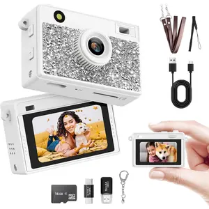 Camera,  20 MP Bling Mini Digital Camera with 16G Card Travel and Vlog, Long  Life, Photo Video Camera Compact and Portable for , Teens, White