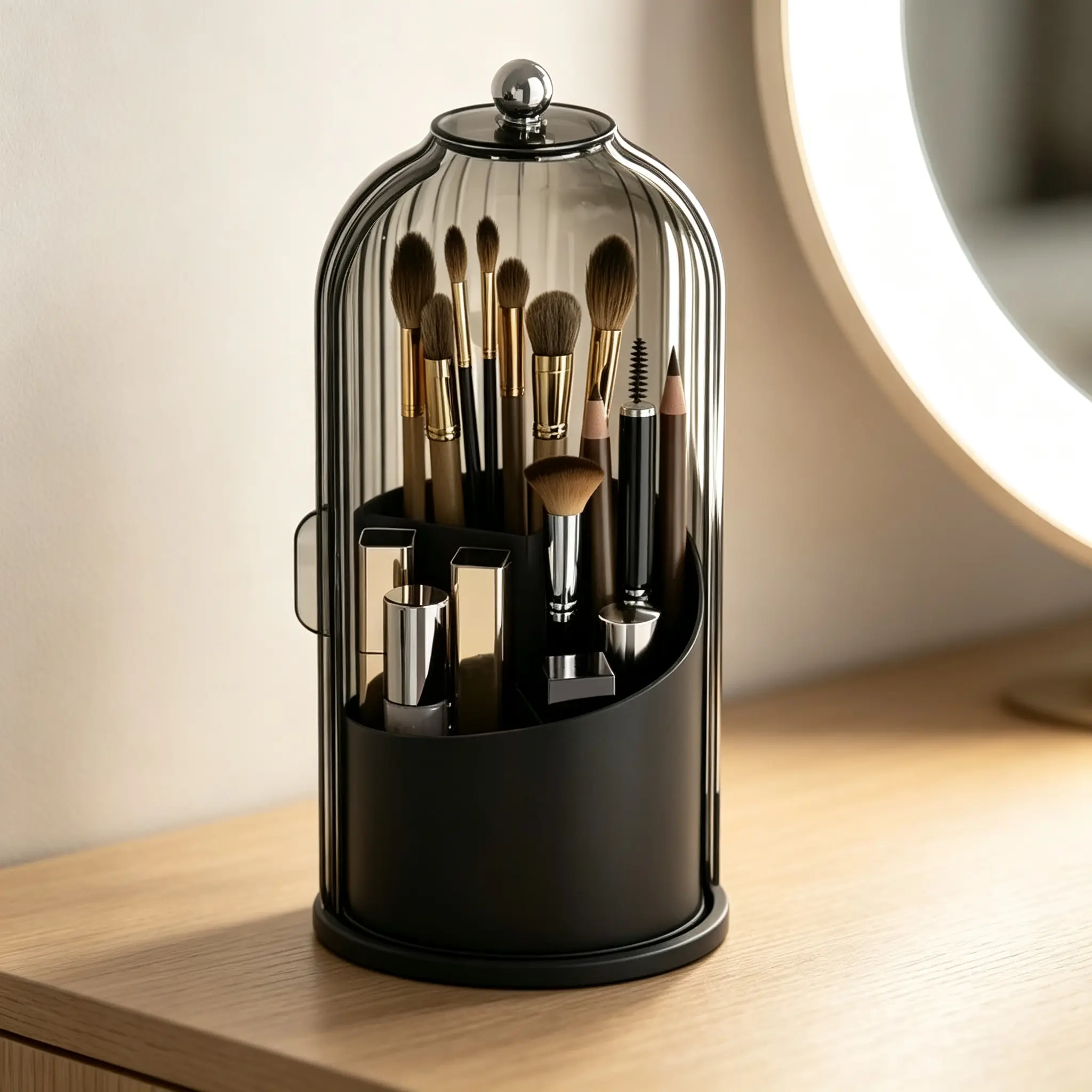 Toothbrush & Makeup Brush Holder Organizer with Lid, Waterproof Dustproof Bathroom Vanity Storage Caddy, Multi-Slot Aesthetic Small-Space Organizer for Countertop Dorm Skincare Tools
