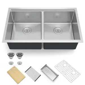 Silver Kitchen Sink, 33 Inch Brushed Nickel Undermount Kitchen Bar Sink with Single-tier Track, Stainless Steel 16 Guage Double Bowl Kitchen Sinks, Family and Bar Sink with Full Accessories