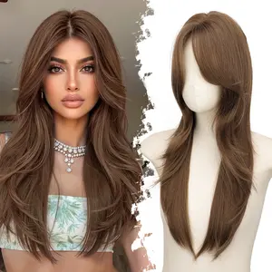 [AISI HAIR]Long Medium Brown Wigs for Women ，2x4 Realistic Scalp, Free Parting,Layered Hairstyle Synthetic Heat Resistant for Daily Party Use 22 inch
