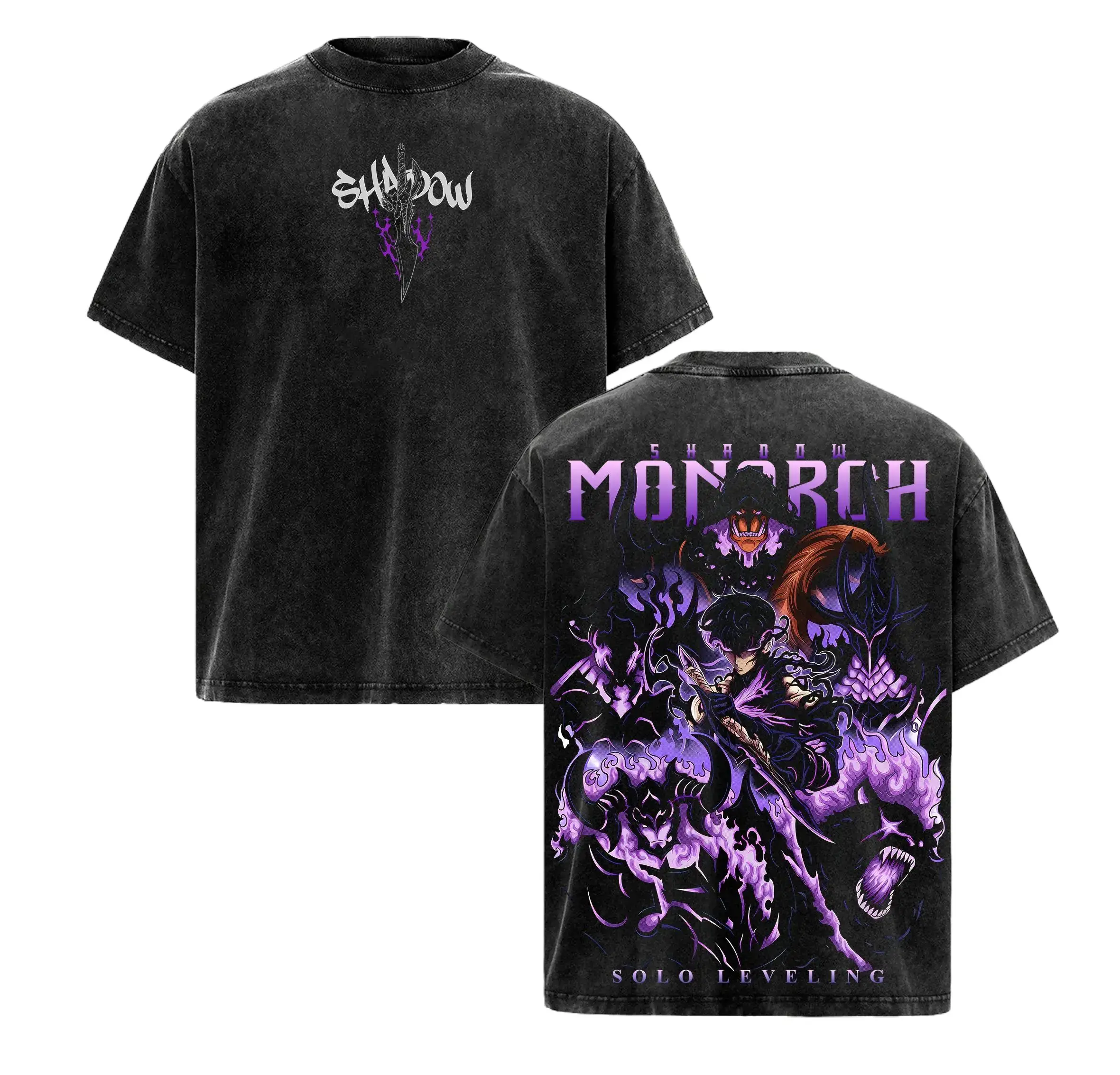 Shadow Monarch Anime Tee | Inspired by Solo Leveling & Sung Jinwoo’s Power | Dark Purple Graphic Streetwear | Awaken Your Shadows with Epic Art & Bold Design | Oversized Vintage Wash Shirt