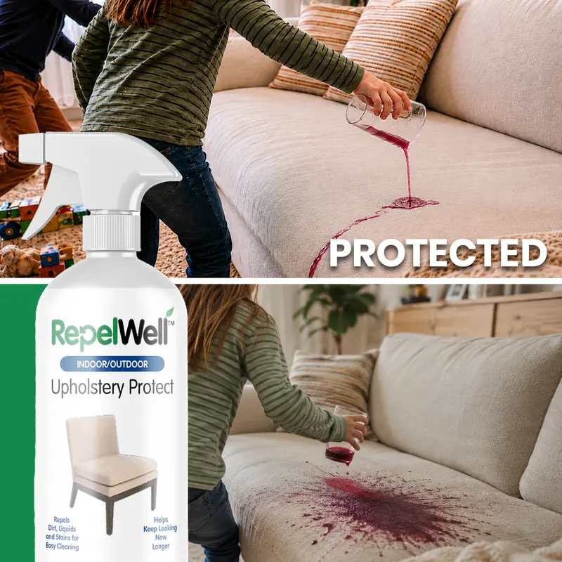 REPEL WELL Long-Lasting Anti-Stain Liquid Fabric Protector Spray - Cleaning Agent, Furniture Care Spray, Moisture-Resistant, Odor-Free, Non-Toxic for US Couches, Upholstery, Leather - Repels Water, Wine, Coffee, Pet Stains - 12oz/24oz Home Care Cleaner