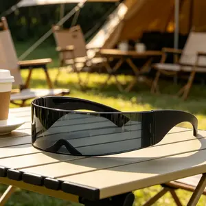 Stealth Black Cyclops Visor Glasses - Futuristic Shield Eyewear for Outdoor Cycling & Techwear Fashion