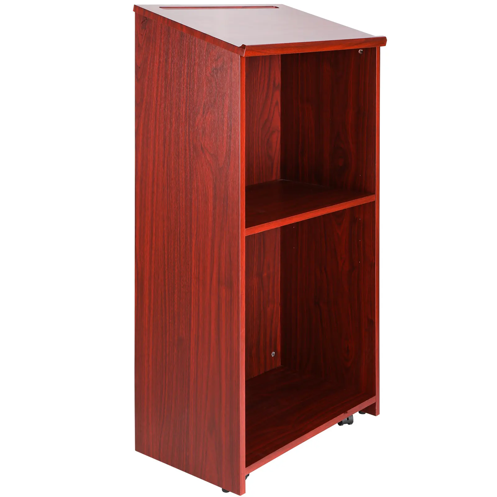 Podium Stand, 47 inch Hostess Stand with 4 Rolling Wheels, Wood Podium with Storage Shelves and Slant Desktop, Lecterns & Podiums for Home, Office, School, Church, Brown