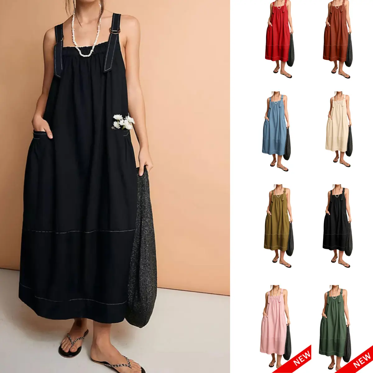 Yeokou Women's Barrel Midi Dress Sleeveless Strappy Maxi Dress with Big Pockets & Adjustable Straps Minimalist Basic Casual Fall Dress,summerwins