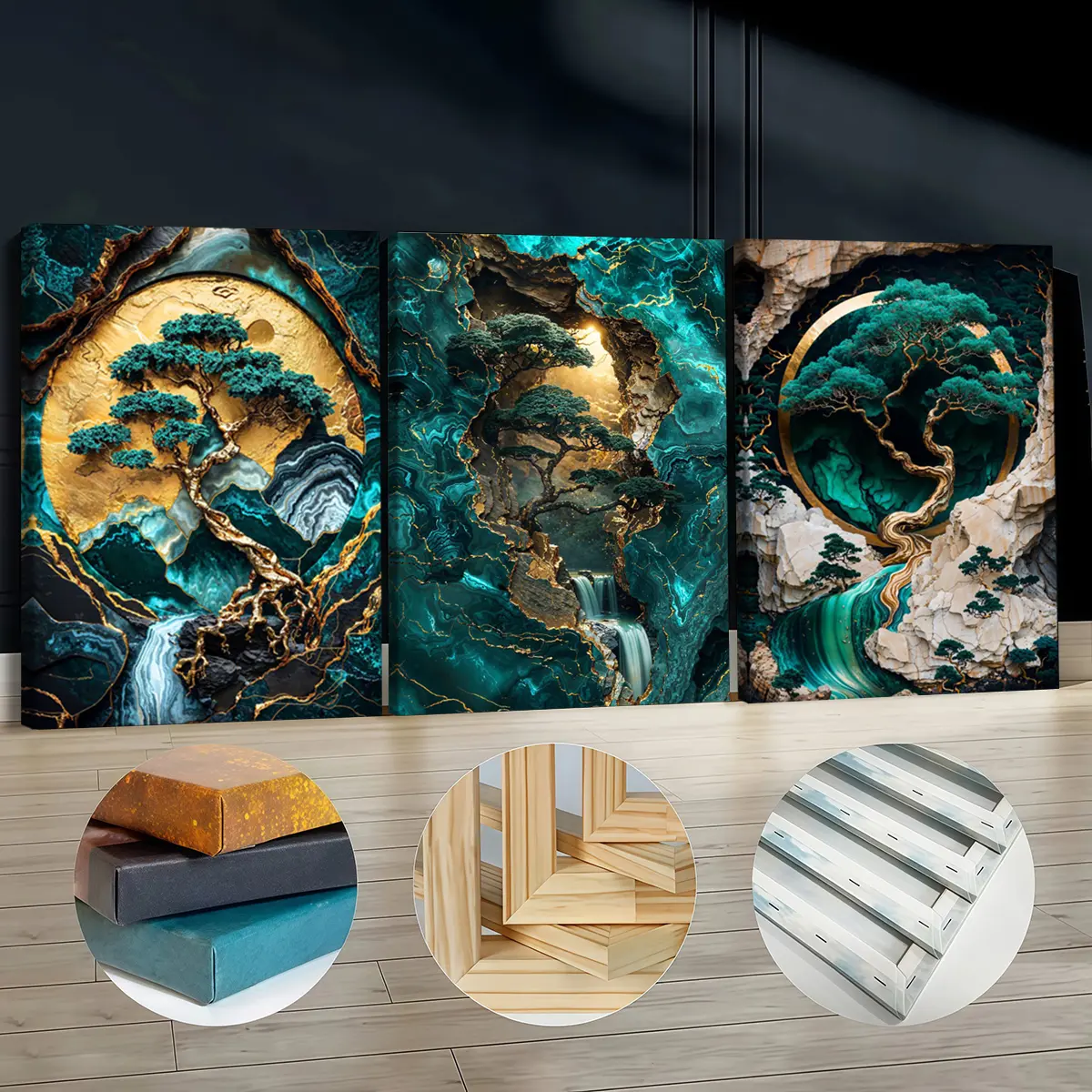 3Pcs Wood-Framed Artistic Canvas Paintings - Gold & Teal Bonsai Tree Waterfall Landscape Scene, Fashion Art Plant Motif Odorless Wall Art, Modern Home Decor Supplies for Living Room, Bedroom, 30*40cm(11.8*15.7in)
