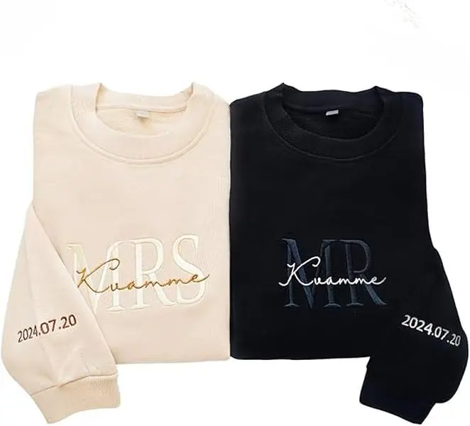 Custom Embroidered Mr and Mrs Sweatshirts for Couple – Matching Gift With Names, Wedding Date for Anniversary, Valentine's Day