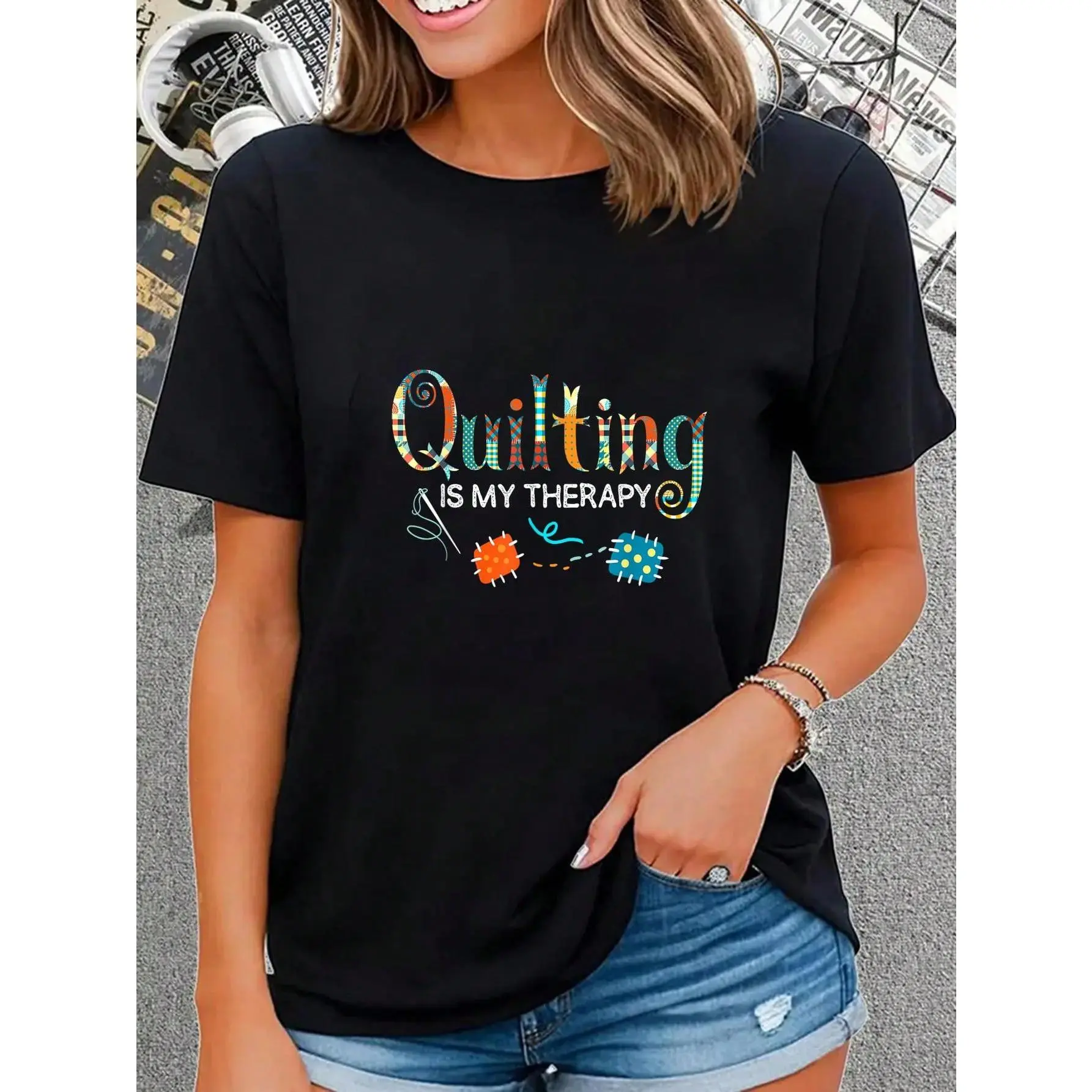 100% Cotton Quilting Is My Therapy Funny Quilting Sewing T-Shirt