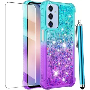for  Galaxy A15 5G Case with Screen Protector, Glitter Bling Liquid Floating Women Girls Cute Soft TPU  Shockproof Protective Phone Case for  Galaxy A15 5G -Purple Blue