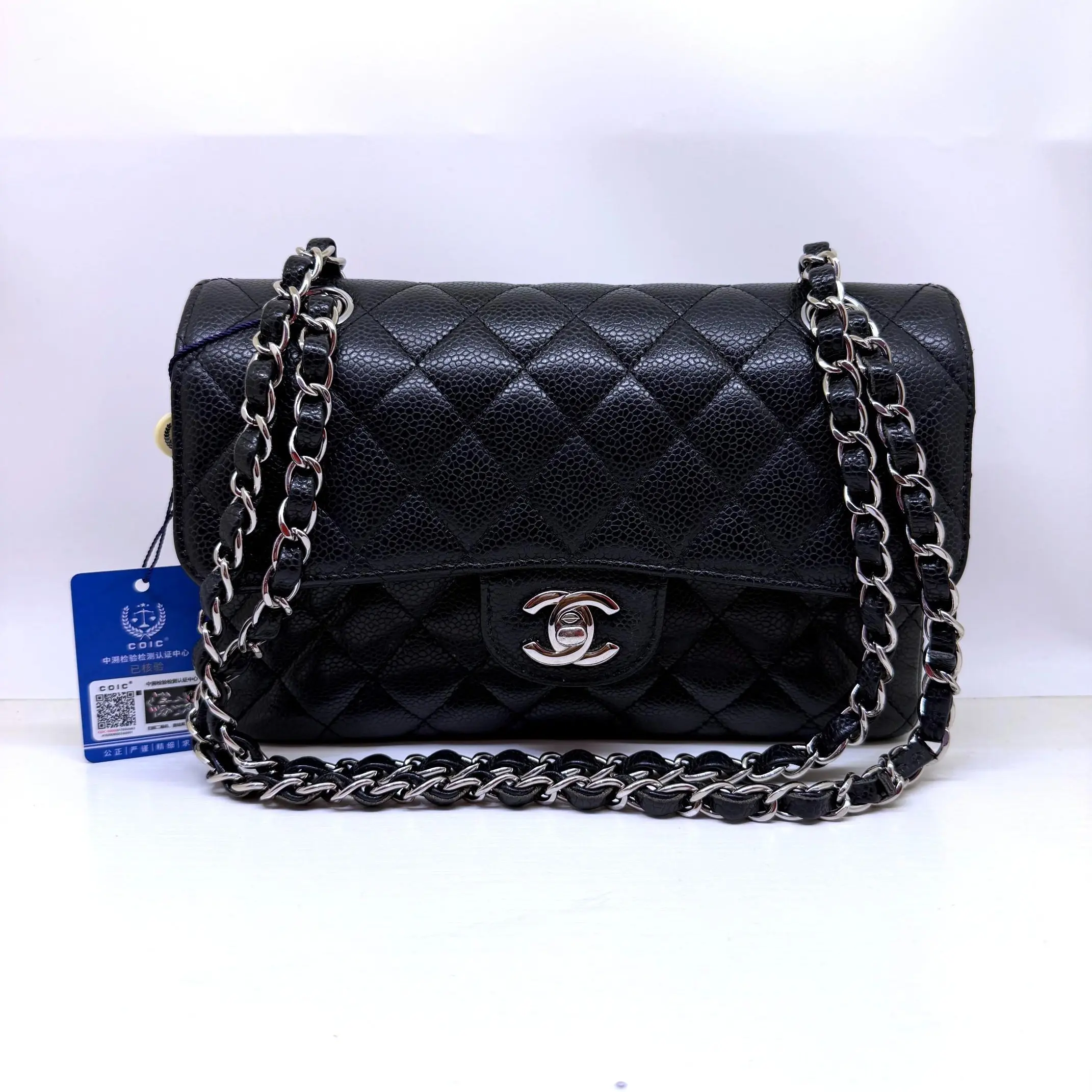 Pre-owned CHANEL CF Mini Size Double Flap Shoulder Bag in Black Caviar Leather with Diamond Quilting and Chain Strap