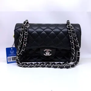 Pre-owned CHANEL CF Mini Size Double Flap Shoulder Bag in Black Caviar Leather with Diamond Quilting and Chain Strap