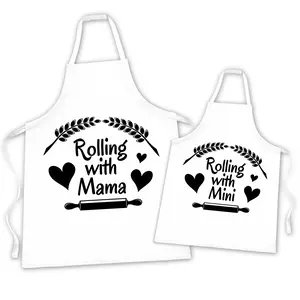 Custom Kitchen White Apron, Matching Parent Mama and Child Mini Cooking Aprons, Kitchen Cooking Apron Set, Gift for Cook Baker, Adult and Kids Aprons