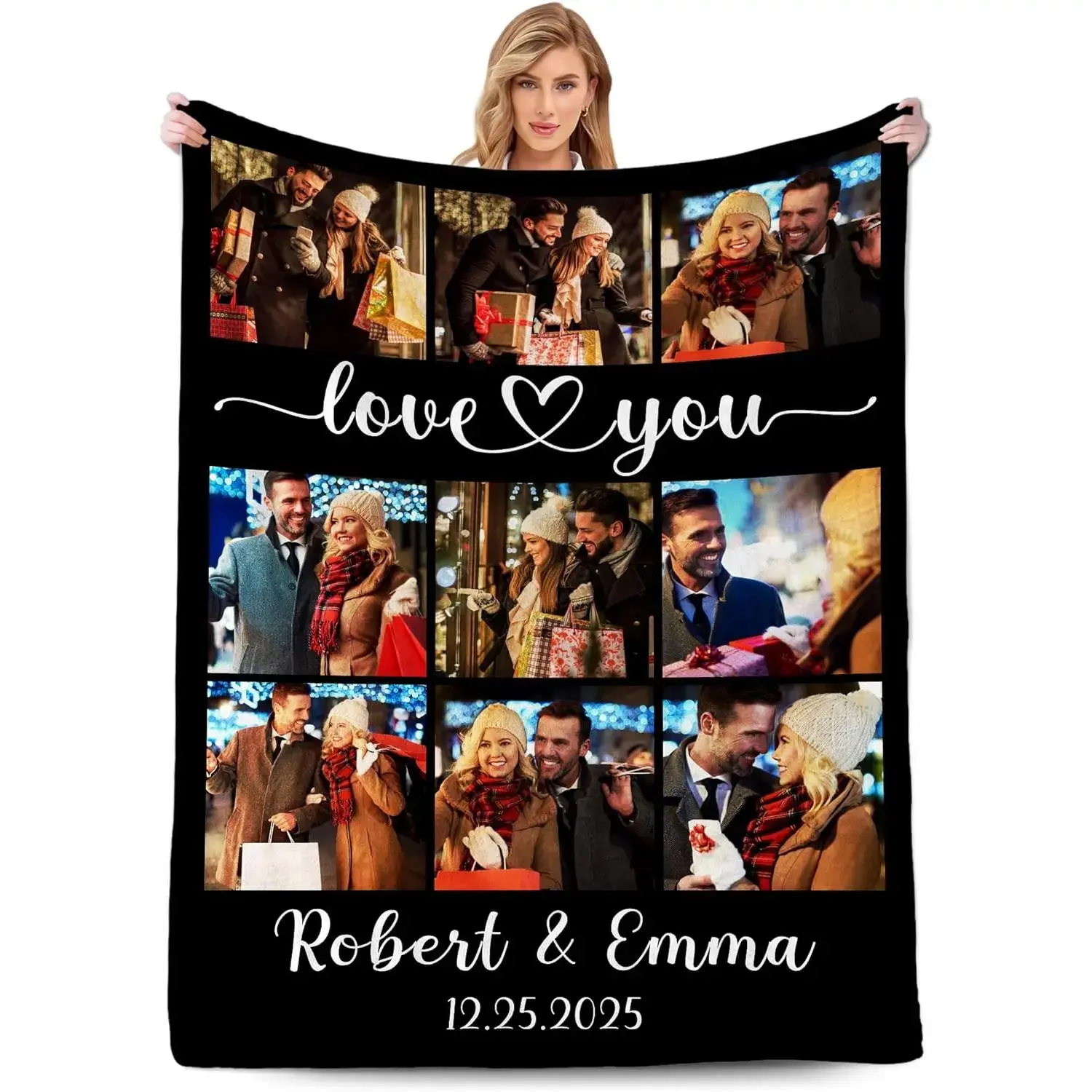 Customizable Soft Modern Flannel Photo Blanket with Text - Send Photos via Shop Chat, Next-Day Shipping, Sentimental Gifts for Boyfriend