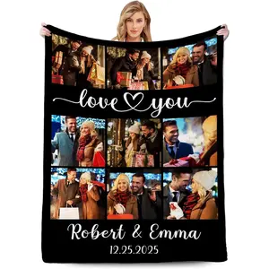 Click "Shop Chat" to send photos. A soft, modern flannel personal photo blanket with text can be customized via Shop Chat photo submission. Fast next-day shipping makes it a personalized gift for partners, ideal for Christmas, weddings, and birthdays.