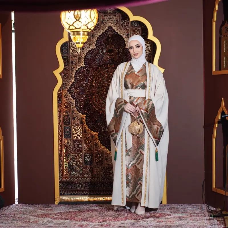 Linen Elegant Kuwait Daraa Abaya Dress with Astonishing green and orange Embroidery