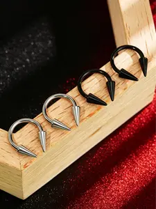 OUFER 16G 4Pcs Stainless Steel Long Spike Septum Piercing Ring Lip Piercing - Unisex Cartilage Helix Horseshoe Ring for Daily Wear, Black/Silver with 8mm/10mm/12mm Inner Diameter, Septumpiercing, Body-Safe Piercing Jewelry