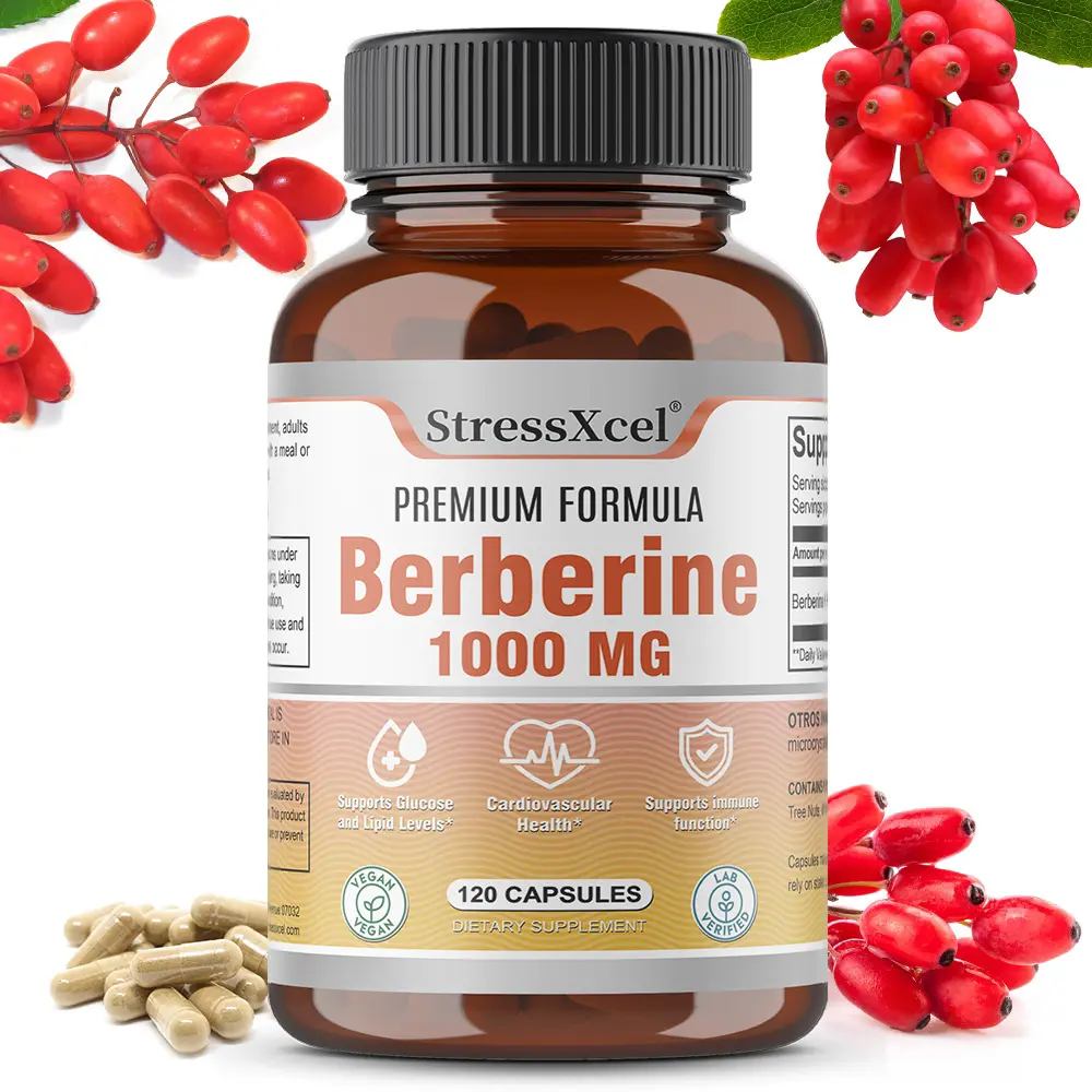 StressXcel Premium Berberine 1000mg Supplement - Berberine HCl Capsules for Metabolic & Cardiovascular Support, 120 Vegan Capsules