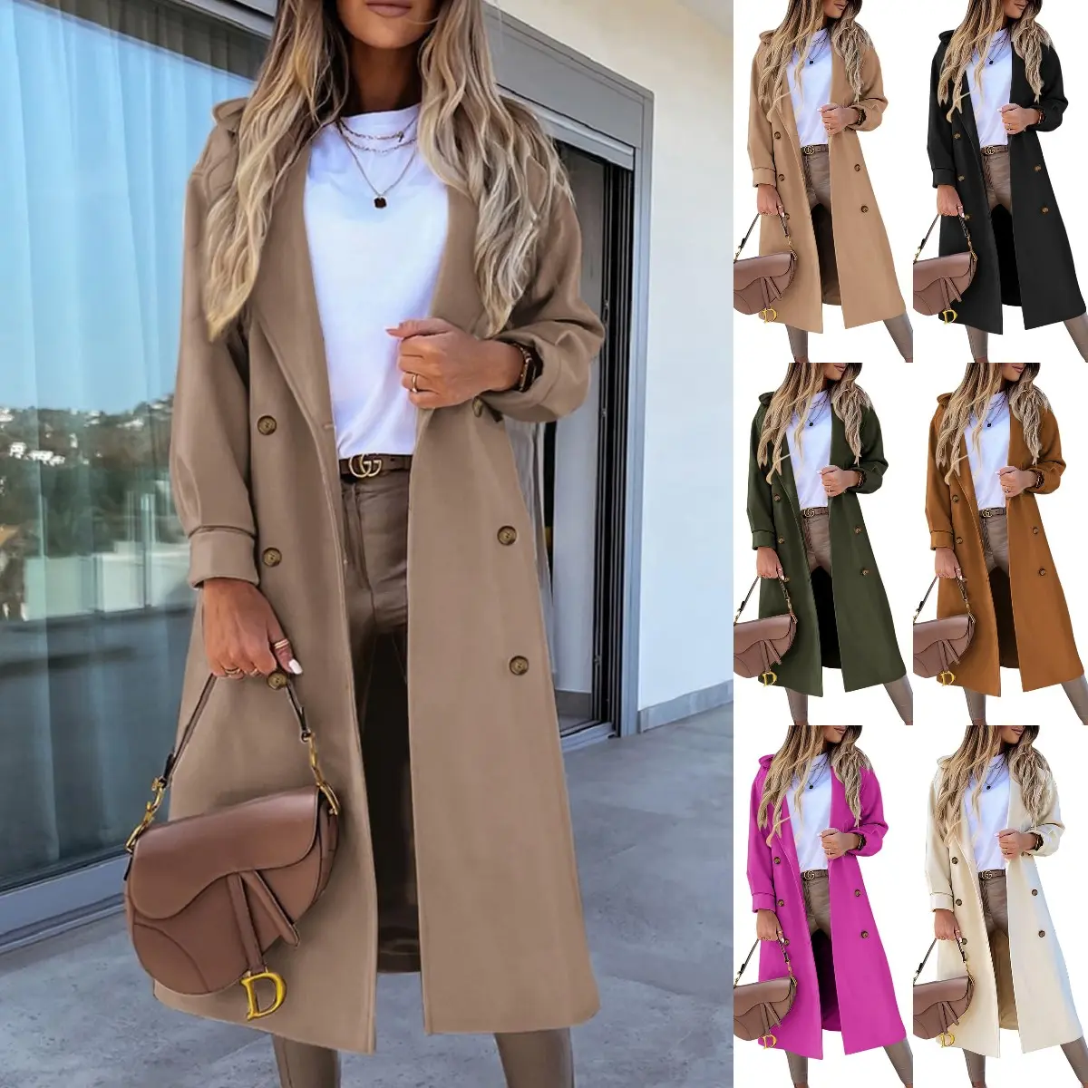 Women's Double-Breasted Pea Coat, Elegant Long Line Overcoat with Notched Lapel, Lightweight yet Warm for Business Days, Elegant For Business Days, Casual Jackets & Coats, Chic Jackets & Coats
