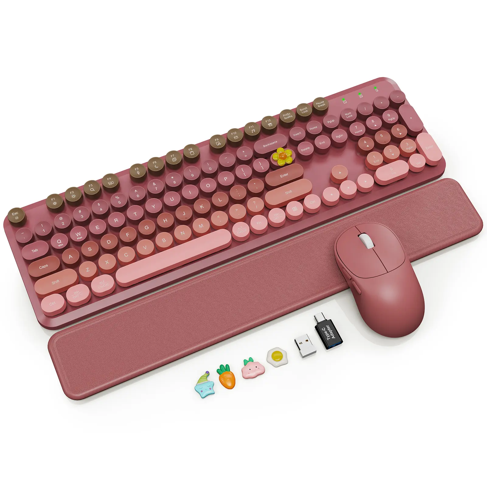 SABLUTE CK23 plus Wireless Keyboard and Mouse Combo, Magnetic Soft-Touch Wrist Rest, Round Keycaps, Full-Size Retro Typewriter Keyboard, 2-Stage Tilt Legs, Auto Sleep, 2.4GHz Cordless for Windows PC, Blush Pink Ombre