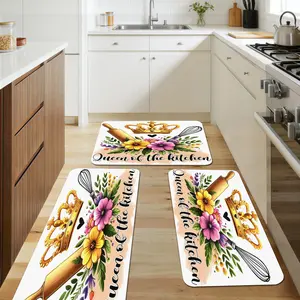 Crown Rolling Pin Whisk Floral Heart Design Flannel Kitchen Mat |   3 - Piece Sponge - Filled Flannel Kitchen Mat Set |   Non - Slip Cozy Easy to Clean for Kitchen Entryway Laundry Room