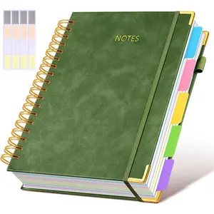 Hardcover Spiral Notebook journal with Removable Dividers Tabs, 300 Pages Leather 5 Subject Notebook College Ruled, 8"x10" Large B5 Notebooks for Work School Note taking, Lined Journal for Women,Green