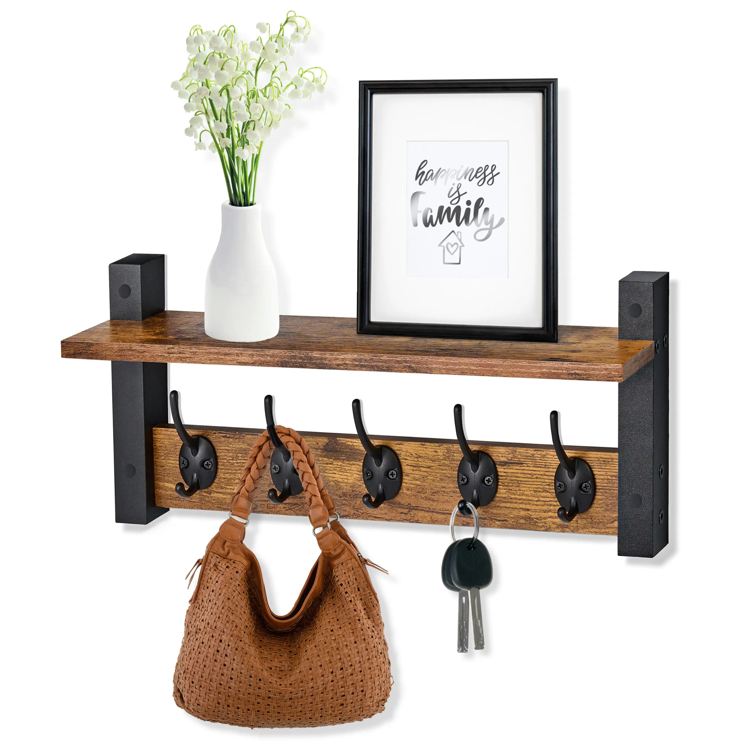 Sorbus Matte Finish Rectangle Wall Mount Floating Shelf with 5 Heavy-Duty Hangers - Durable Engineered Wood Decor for Entryway, Bathroom - Easy Installation, Home Supplies Hooks & Shelves