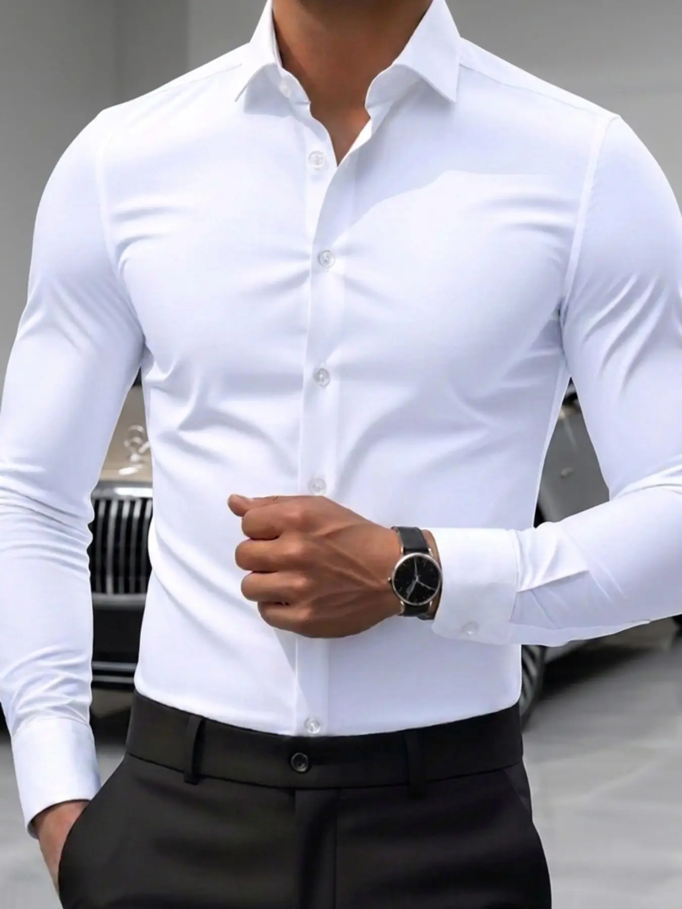 Men's Plain Formal Long Sleeve Shirt, Fitted Top Without Zipper, Casual All-Season Clothing, Full Placket Design, Ideal for Everyday Wear