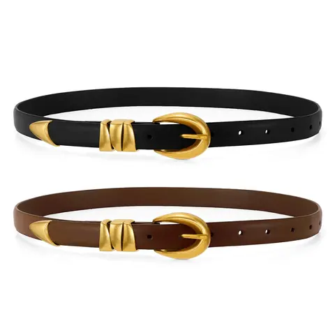 XZQTIVE Women's Trendy Exquisite 0.8in Skinny PU Leather Waist Belt - Shiny Black Strap, Gold Buckle, 10 Holes, 25"-48" Length, Adjust-Fit for Everyday Wear, Dresses, Trendy Exquisite Belt, Pu Leather Belts