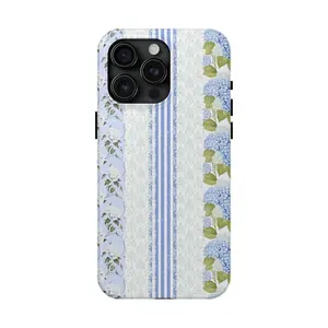 Vintage Blue Hydrangea Floral Phone Case – Cottagecore Aesthetic with Stripes & Retro Flowers, Pastel Phone Case, Gift for Him/ Her, Men/ Women, Birthday -  iP Xr, 11, 12, 13, 14, 15, 16, 17, S21, 22, 23, 24, 25 - Tough case, MagSafe, Phone case
