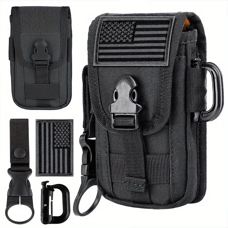 Phone Holster Pouch, Gadget Waist Bag Molle Attachment Belt Holder Bag with US Flag Patch and water bottle buckle for 4.7"-6.7" Phone
