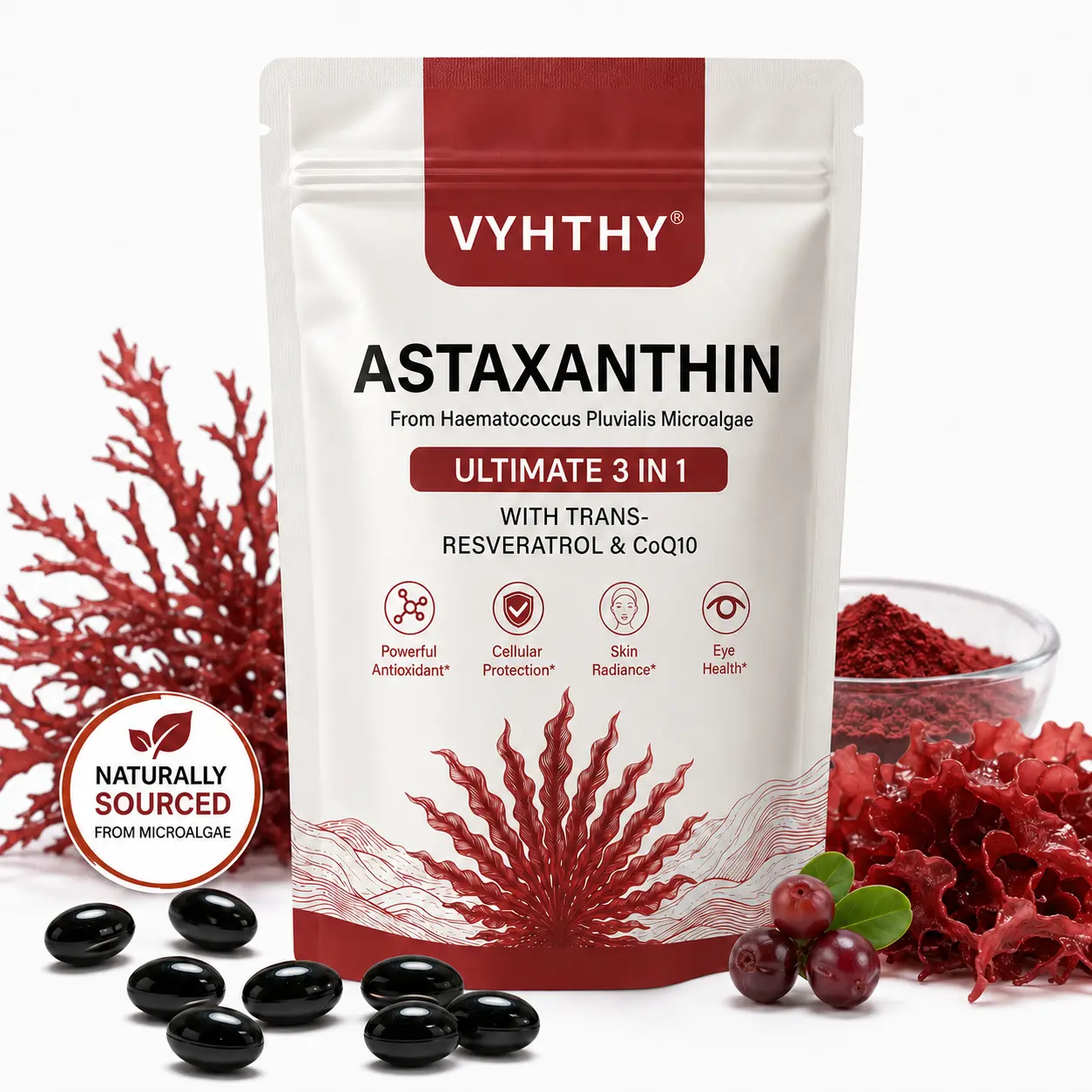VYHTHY Organic Astaxanthin 12mg 3-in-1 Supplement with Trans-Resveratrol 100mg, CoQ10 50mg, 240 Softgels - Coconut MCT Oil, Piperine for Enhanced Bioavailability, Cellular Antioxidant Support for Skin, Eye, Heart Health