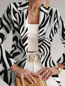 Women's Autumn Outdoor Asymmetrical Striped Geometric Print Blazer Jacket, Casual Fitted Regular Length, Spring & Fall Fashion