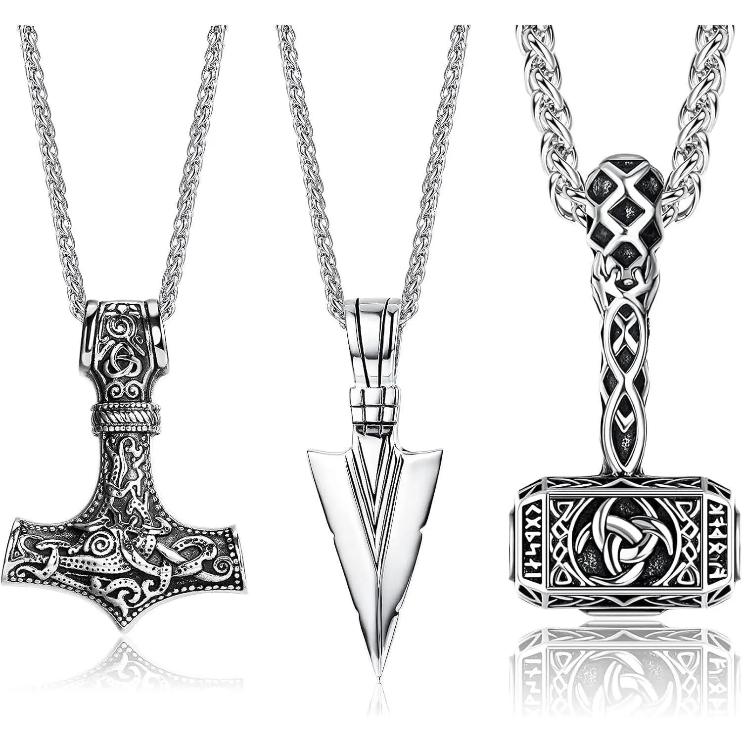 FLORIDECO Men's 2-3Pcs Adjustable Stainless Steel Necklace Set, Retro Viking Men's Jewelry with Mjolnir Hammer, Triangle Spearpoint Arrowhead Pendants, Basket Chain, Daily Talisman, Stainless Steel Necklaces, Men's Accessories, 3-Pieces