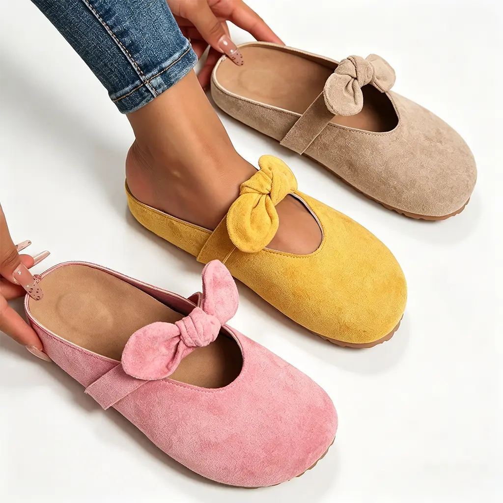 Women's Cloth Bow Mules, Slip-On Flat Walking Shoes, Comfortable Round Toe Footwear with Cushioned Arch Support, Clogs Mules, Casual