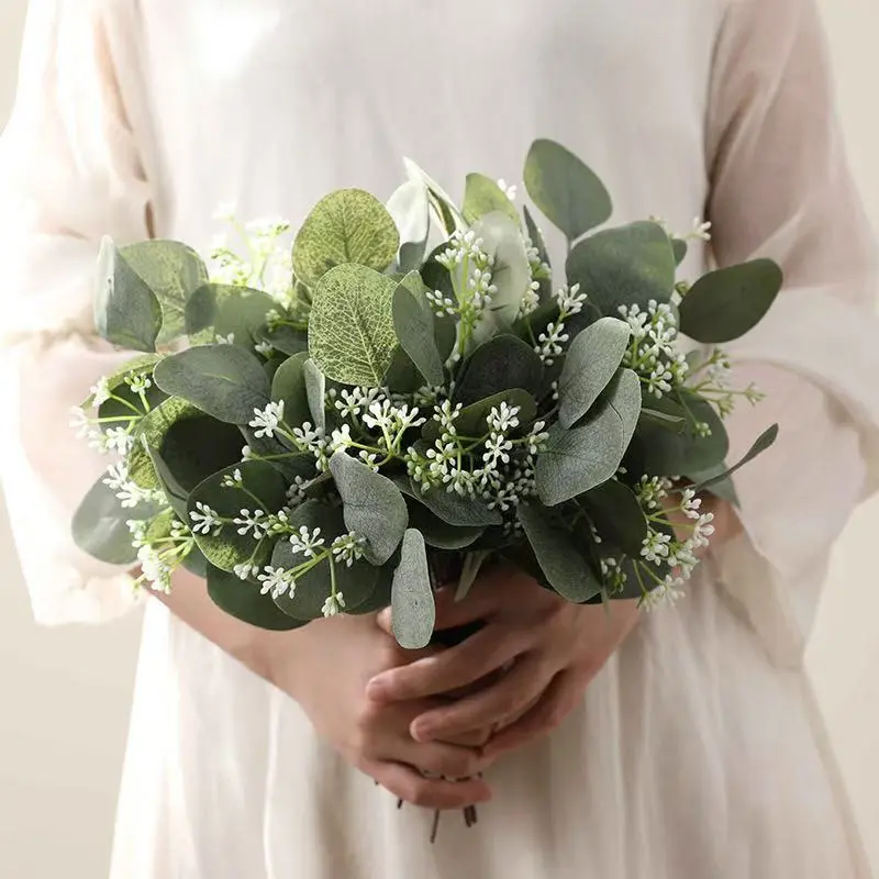 20 Pcs Mixed Artificial Oval Eucalyptus Flower Leaves Bulk with White Seeds, Stems & Spray - Waterproof Decorative Ornaments for Vase, Table, Wedding Greenery Decoration, Plants