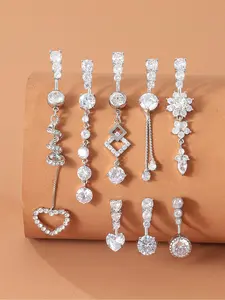 Luxury Heart & Geometric Artificial Zircon Belly Button Rings Set for Women, Navel Piercing Jewelry, Chic Body Jewelry with Elegant Design, Copper Material, All Seasons Wear